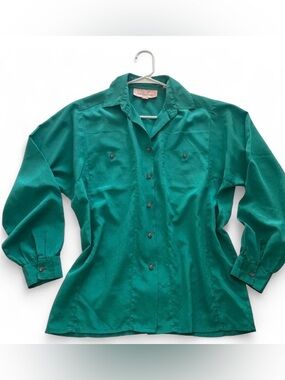 Vintage Silky Emerald Teal Green Button Down Shirt Retro Blouse Vibrant Rare, M